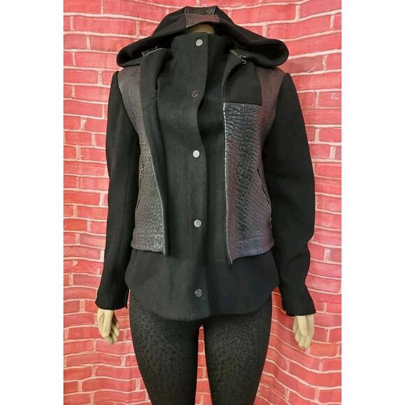 LAMB By Gwen Stefani RARE Black Leather Wool Sz 8 Hooded Womens Coat Jacket #CB2 - Picture 9 of 10